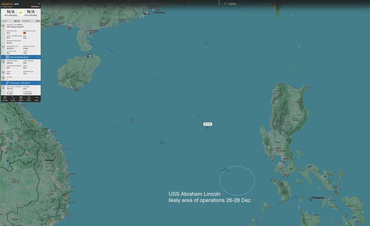 12月29号，一架翼龙10无人机前往黄岩岛附近空域。

目前美国海军林肯号(CV