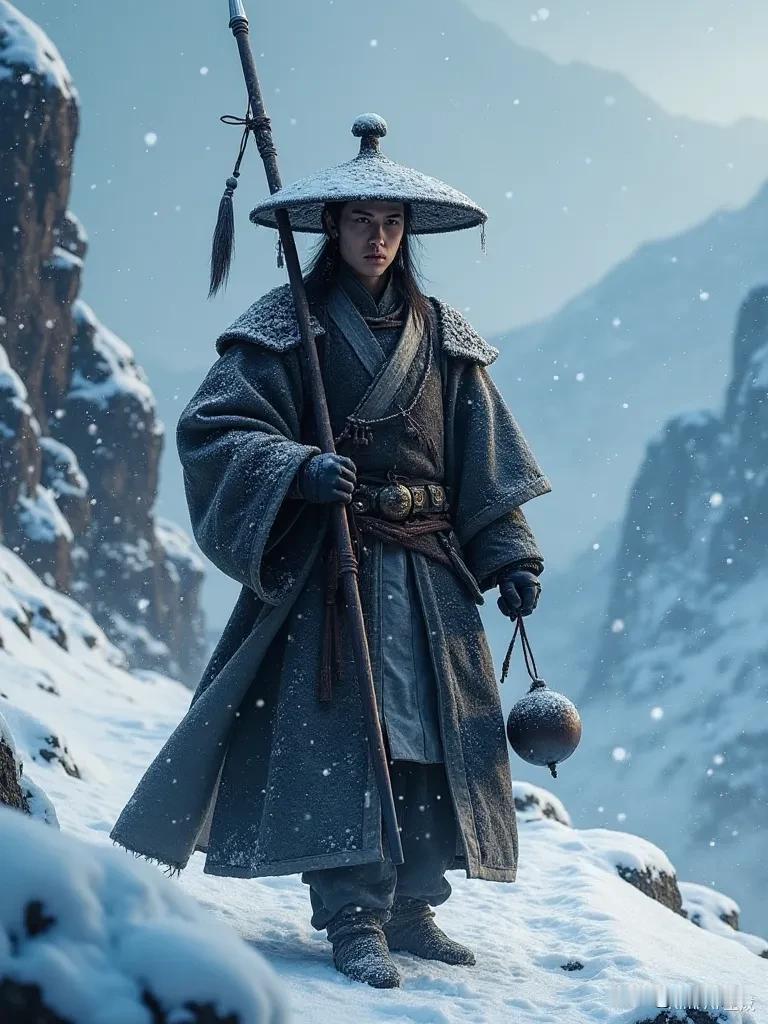 这幅图描绘出林冲雪夜奔赴梁山的英雄形象。他头戴簪帽，帽上沾着少许雪花，看上去冷峻