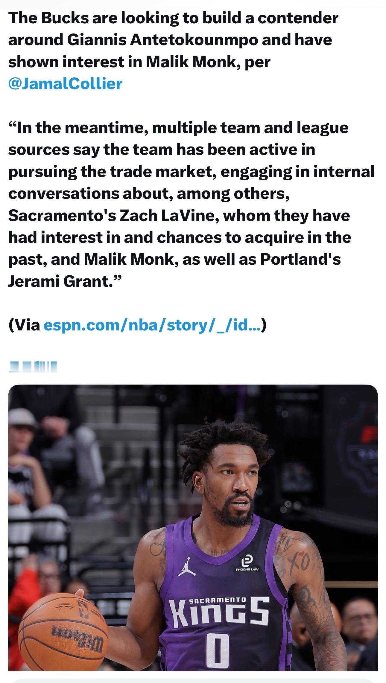 ESPN：雄鹿仍然对围绕字母哥补强阵容很有信心，他们一直在积极评估交易市场，内部