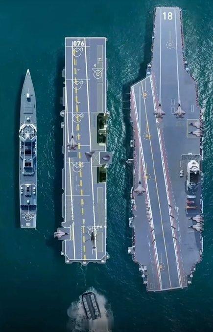 三舰对比大小：中国055型、076型无人机航母与福建号航母之间的直接比例差异每天