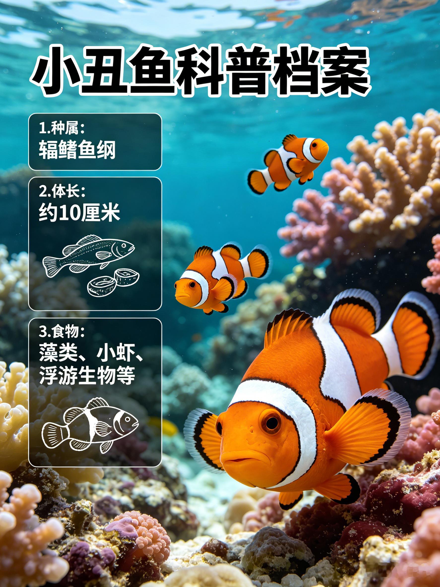 海洋朋友圈 小丑鱼海洋档案种　属：辐鳍鱼纲体　长：约10厘米食　物：藻类、小虾、