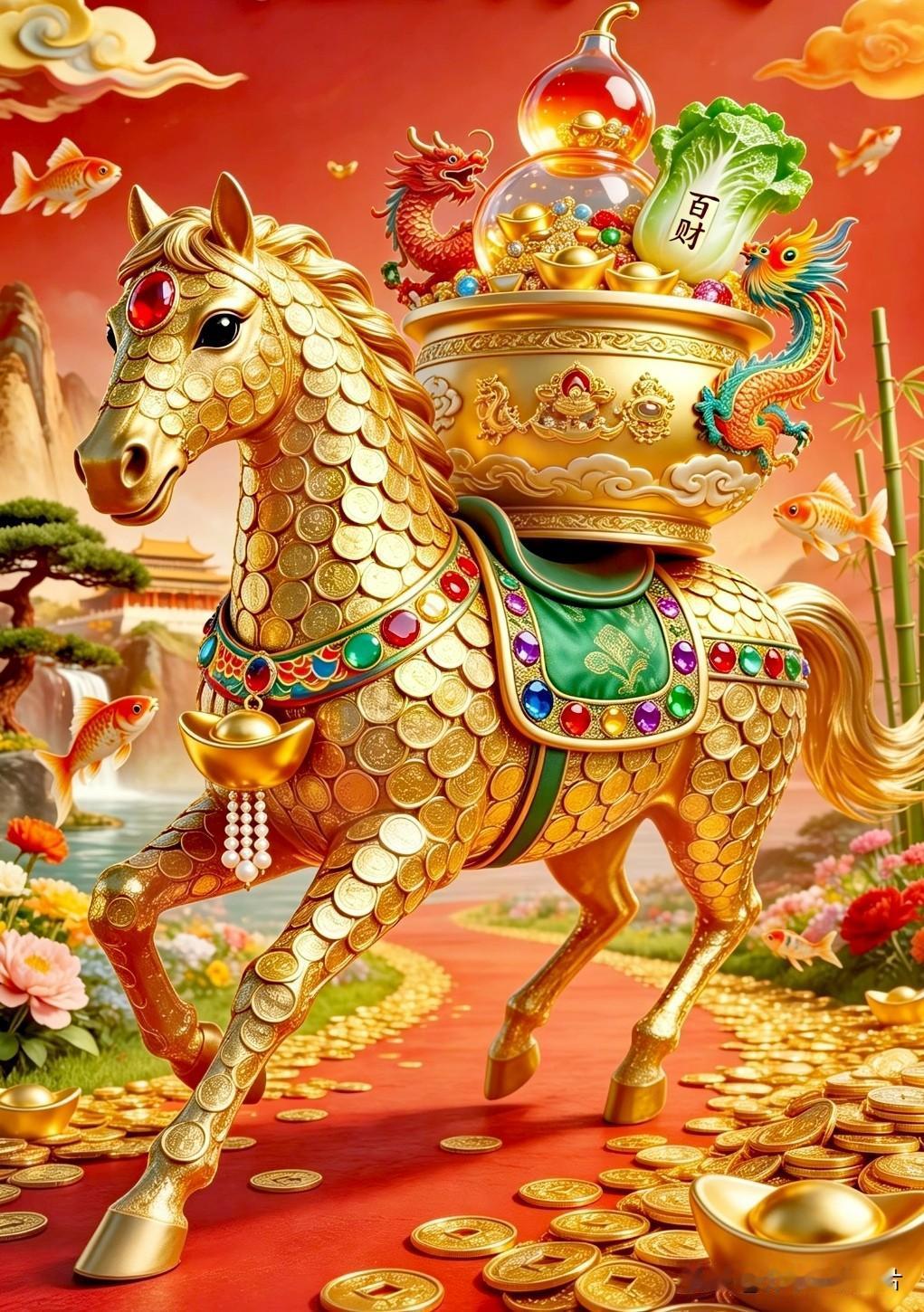 金马扬蹄驮百财，
宝盆纳福聚千金。