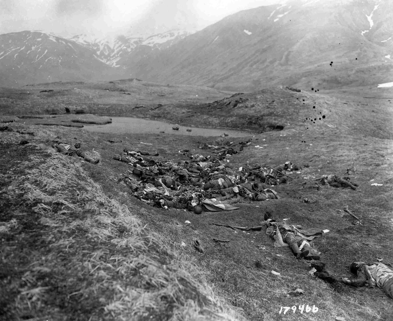 1943年5月阿留申群岛的阿图岛战役，在板载冲锋中被打死的约40名日军尸体，阿图