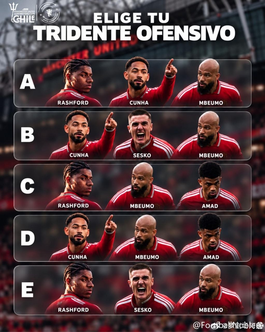曼联锋线五选一：你会排哪套三叉戟？据Manchester United Supp