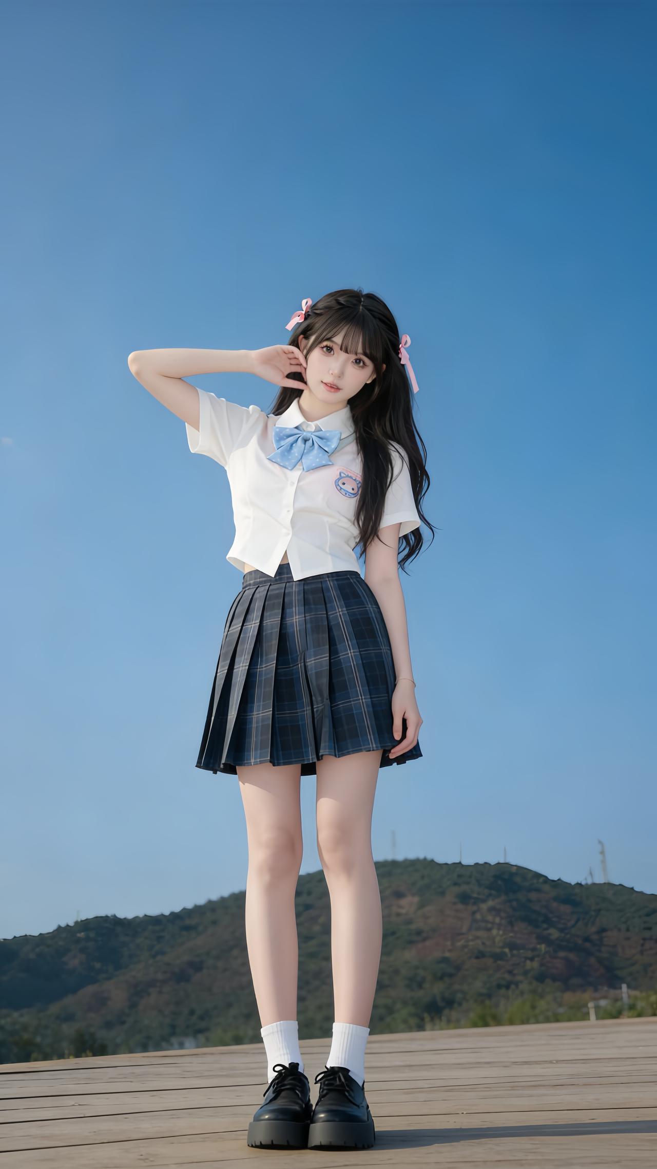 穿搭风格:清新甜美风
 
少女身着清新甜妹风JK制服套装，元气感满满：短款收腰白