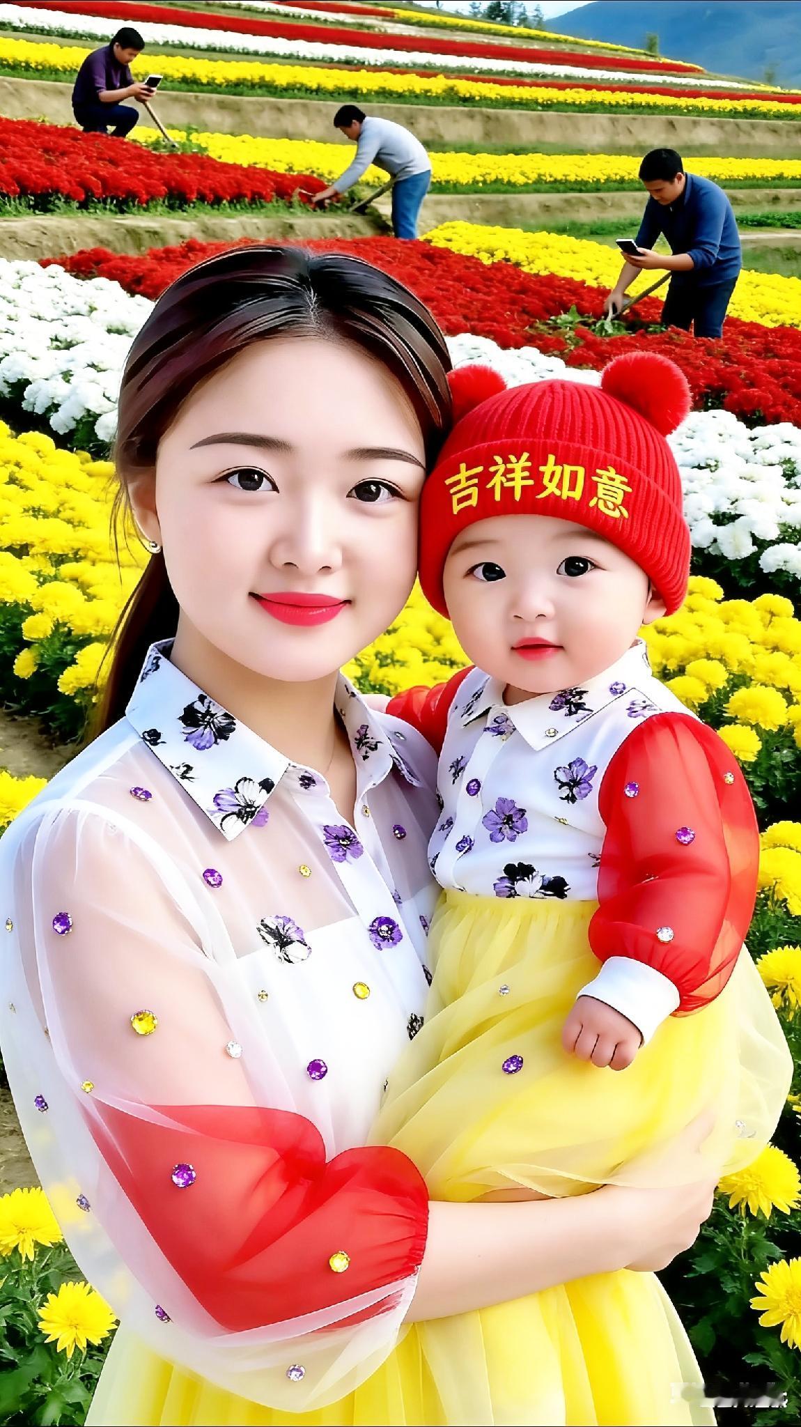 妈妈和宝宝在花田里拍照。