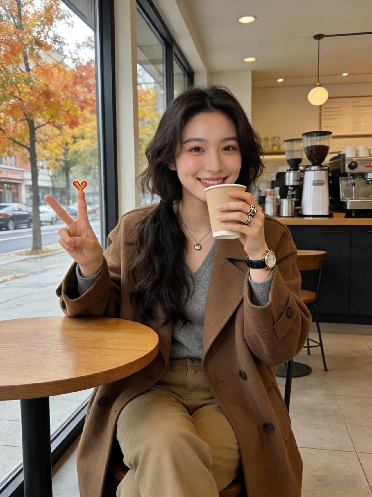 秋日暖阳下的咖啡时光，微笑与咖啡相伴