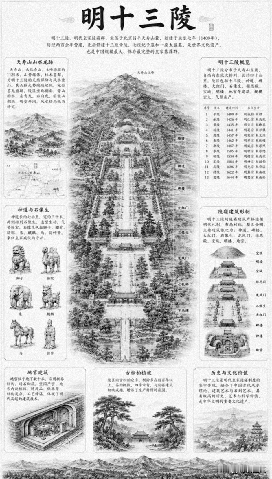 明十三陵布局特点
 
明十三陵坐落于北京昌平天寿山腹地，是中国古代帝王陵寝布局的