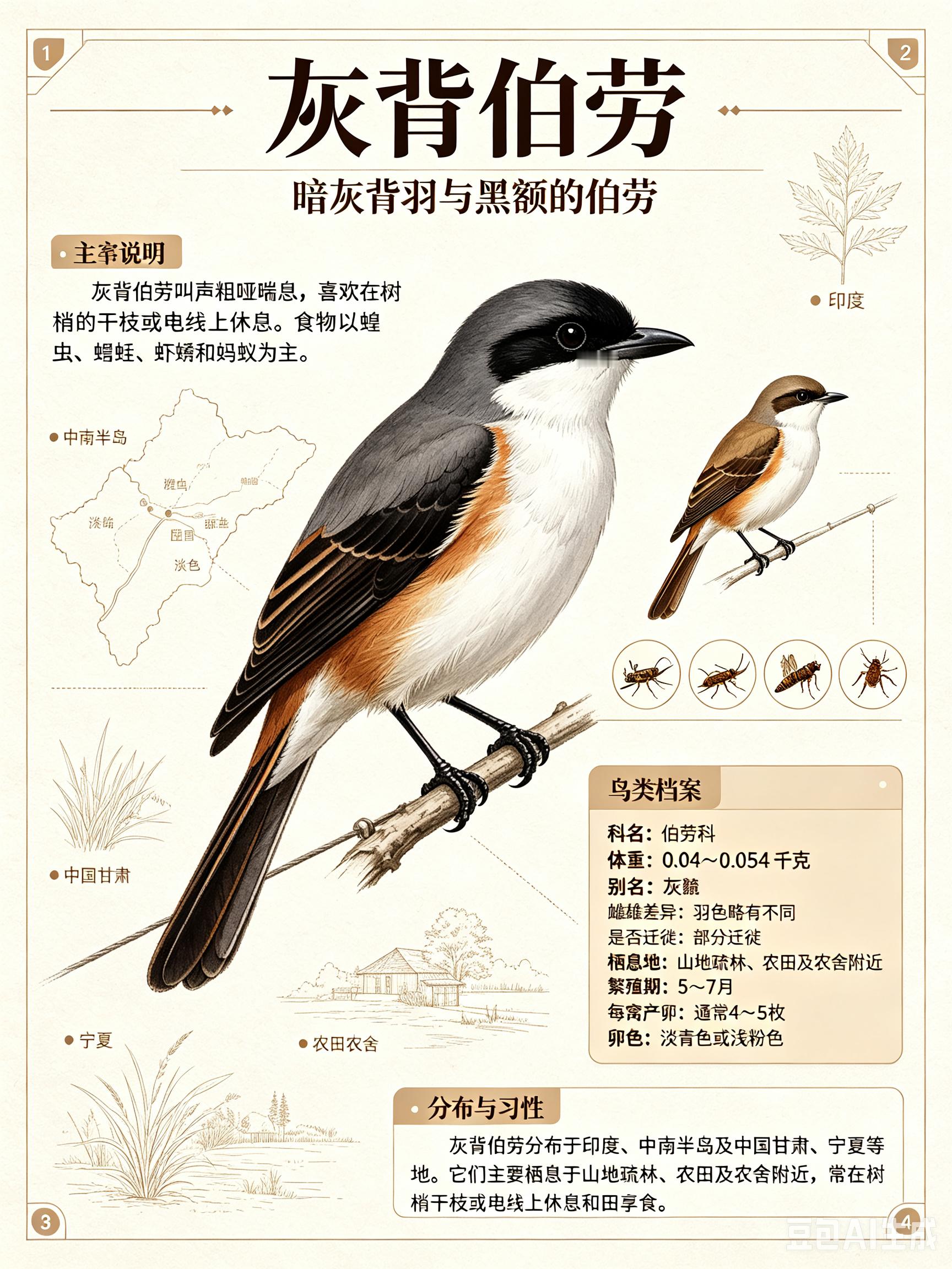 鸟类朋友图鉴 灰背伯劳科名：伯劳科体重：0.04～0.054千克别名：灰鵙灰背伯