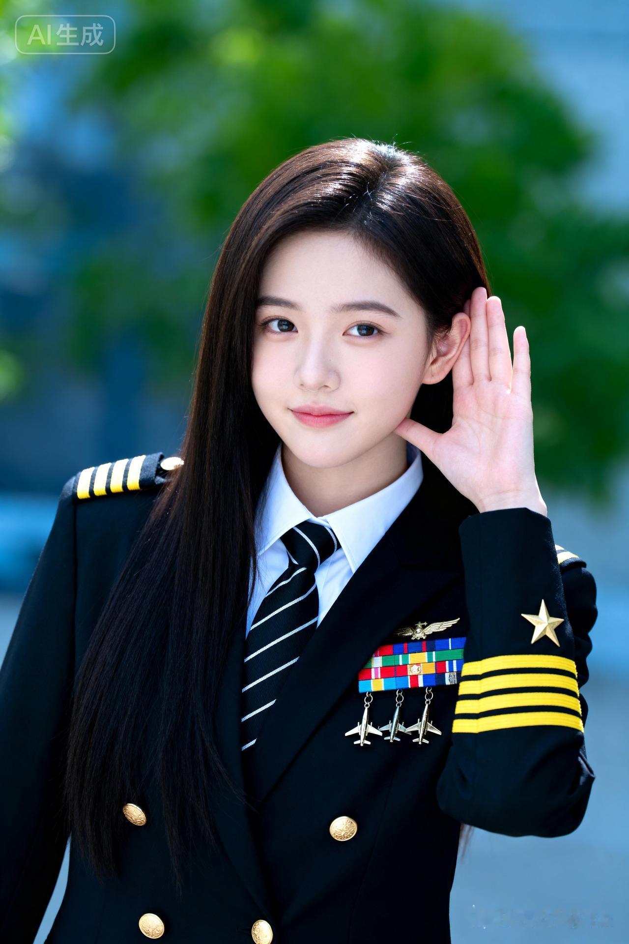 冷白皮美女着飞行员制服，手贴脸颊半罩耳，直视镜头娇憨灵动。深棕直发垂肩，绿植虚化