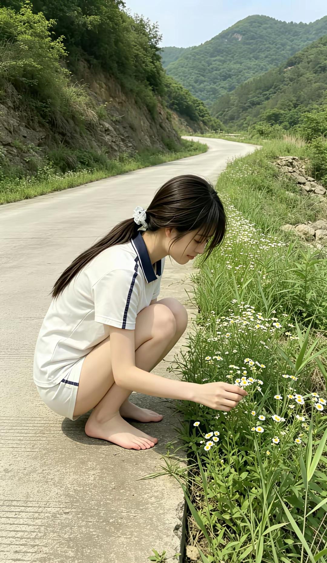 谁家美天仙，
赤足蹲路边。
春花暗香送，
欣闻醉心间。