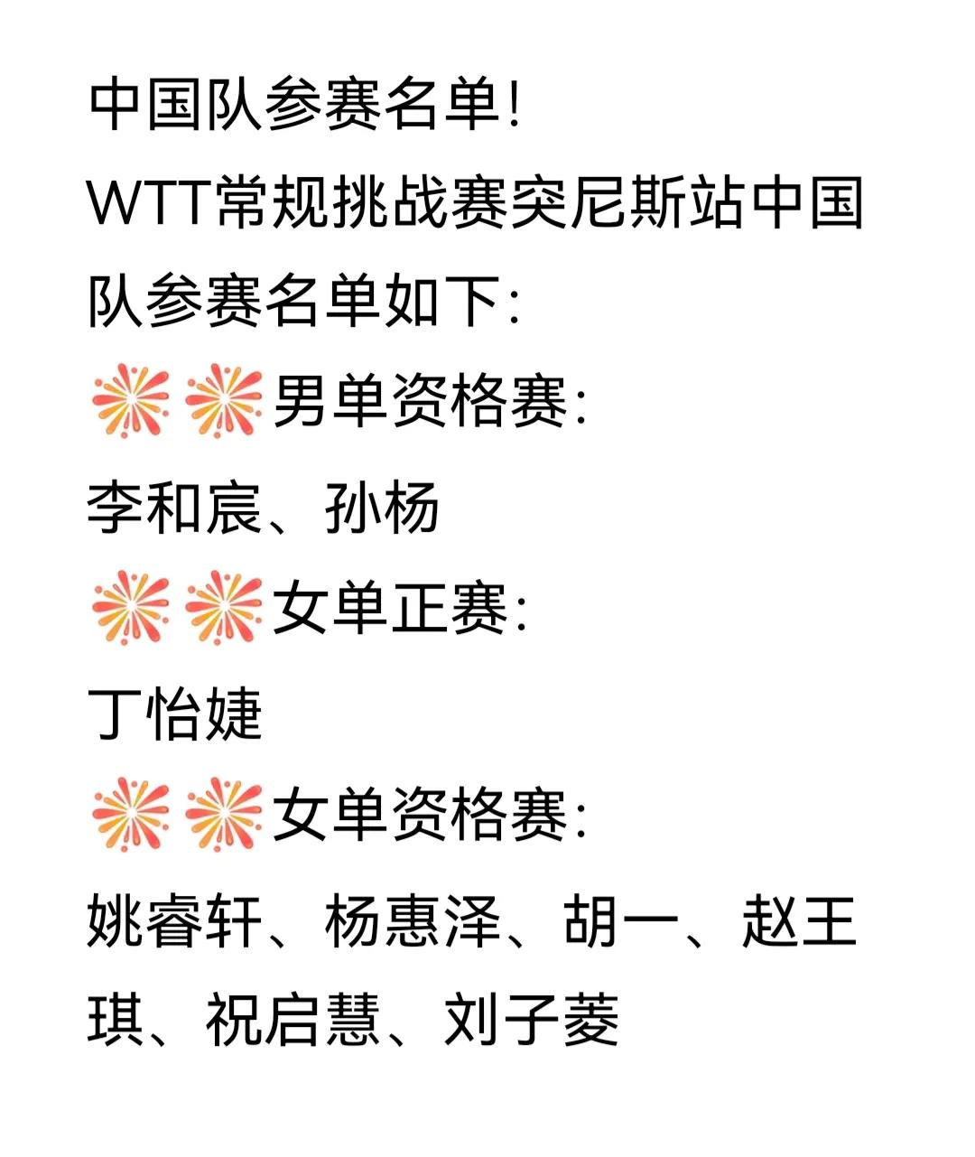 中国队参赛名单发布！
WTT常规挑战赛突尼斯站中国队参赛名单如图。
WTT常规挑