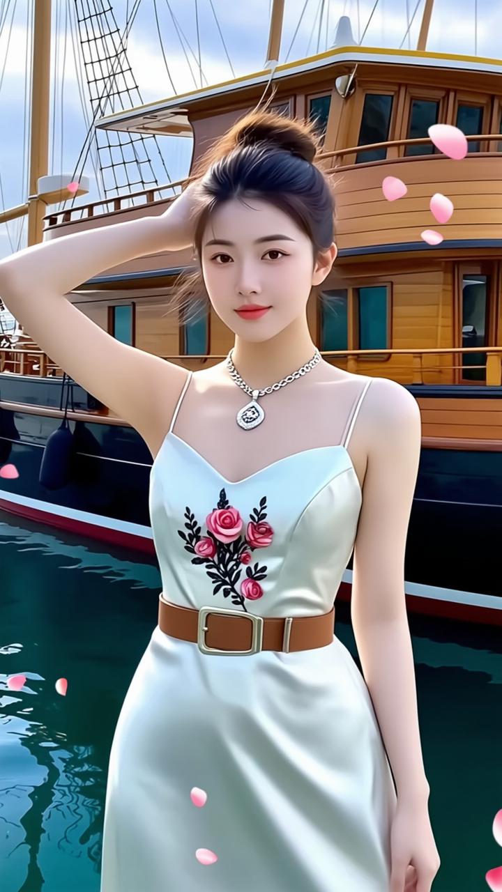 夏日游轮上的优雅时光，粉色花瓣飘落，尽显浪漫风情。