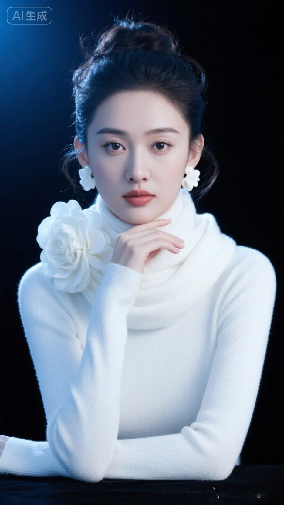 女子高盘发微乱，发丝镶着柔光，白花耳坠雅致。身着高档白色高领毛衫，搭配花饰大围巾