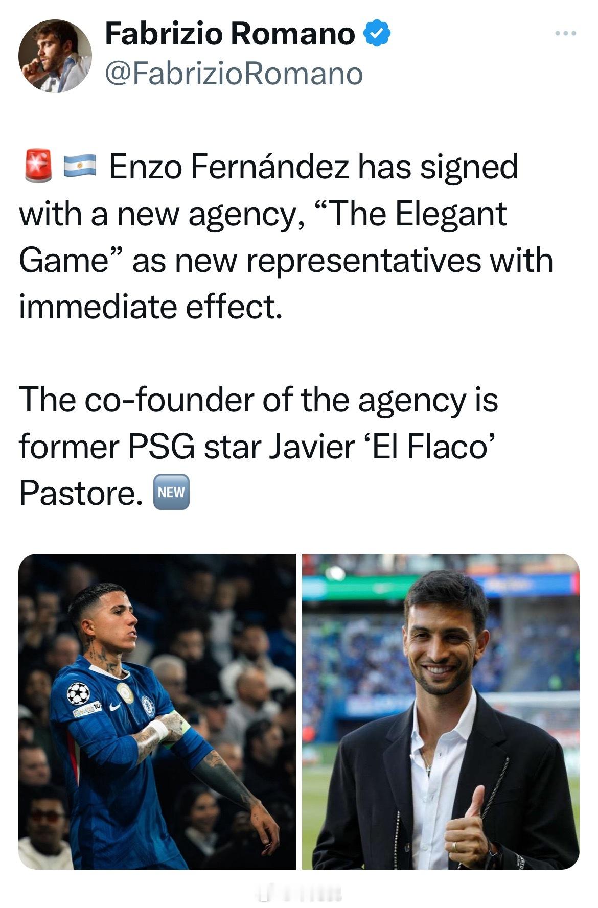 恩佐更换经纪公司，该公司创始人之一为帕斯托雷 