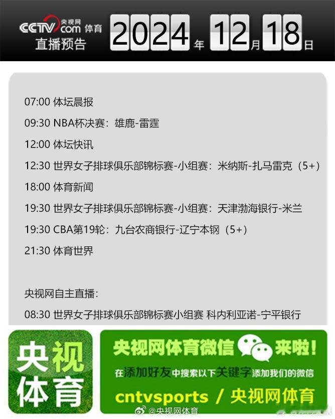 【央视网体育12月18日直播预告】07:00 体坛晨报；09:30 NBA杯决赛