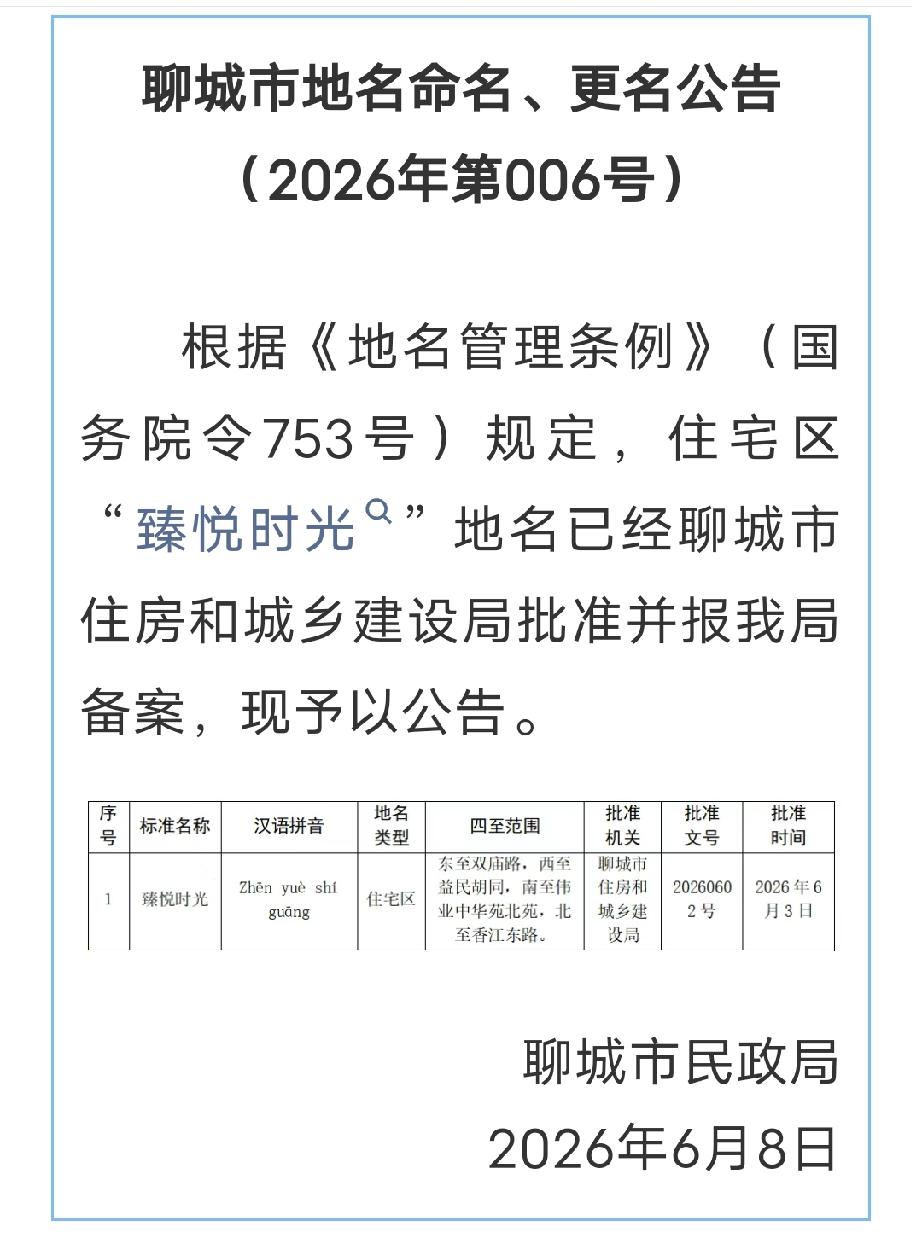 刚看到聊城民政局发的最新公告，聊城又有个新小区有了正式“身份证”啦！

这次获批