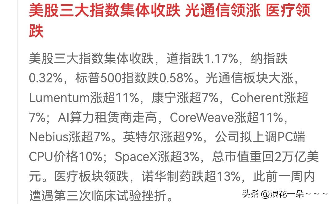 …股民，这是美股昨晚上收盘情况，指数是跌的，但是科技股是涨的，那么你们说今天A股