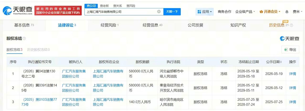 【广汇汽车被冻结58亿股权 广汇汽车所持58亿股权被冻结】
天眼查法律诉讼信息显