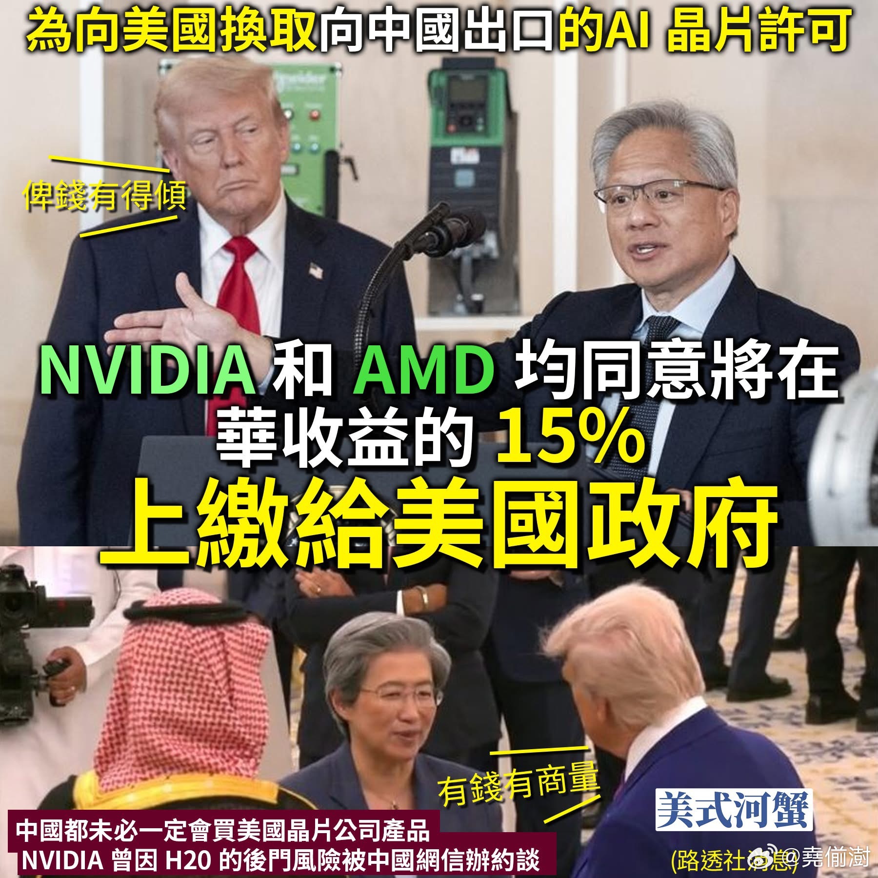 英伟达和AMD将在华收益的 15% 上缴给美国政府换出口许可英伟达AMD同意向美