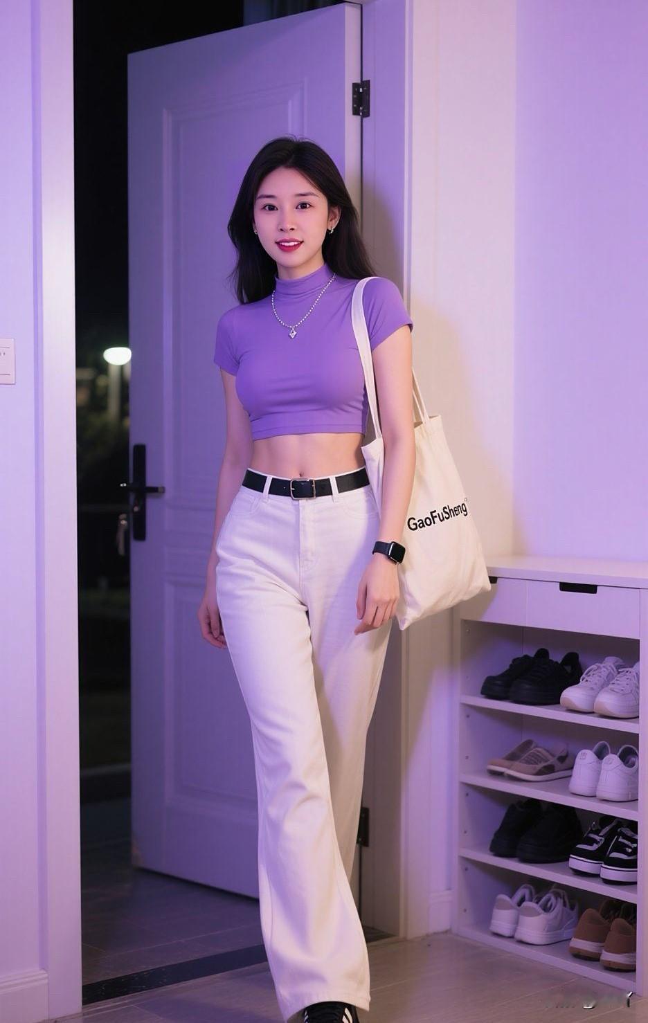 紫色短款上衣搭配米色高腰裤，简约时尚，尽显青春活力！紫色裙子穿搭 米色系穿搭 紫