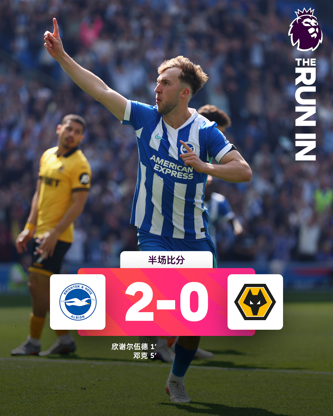 半场比分 | 布莱顿 2-0 狼队⚽第1分钟，欣谢尔伍德禁区中路头球破门。⚽第5