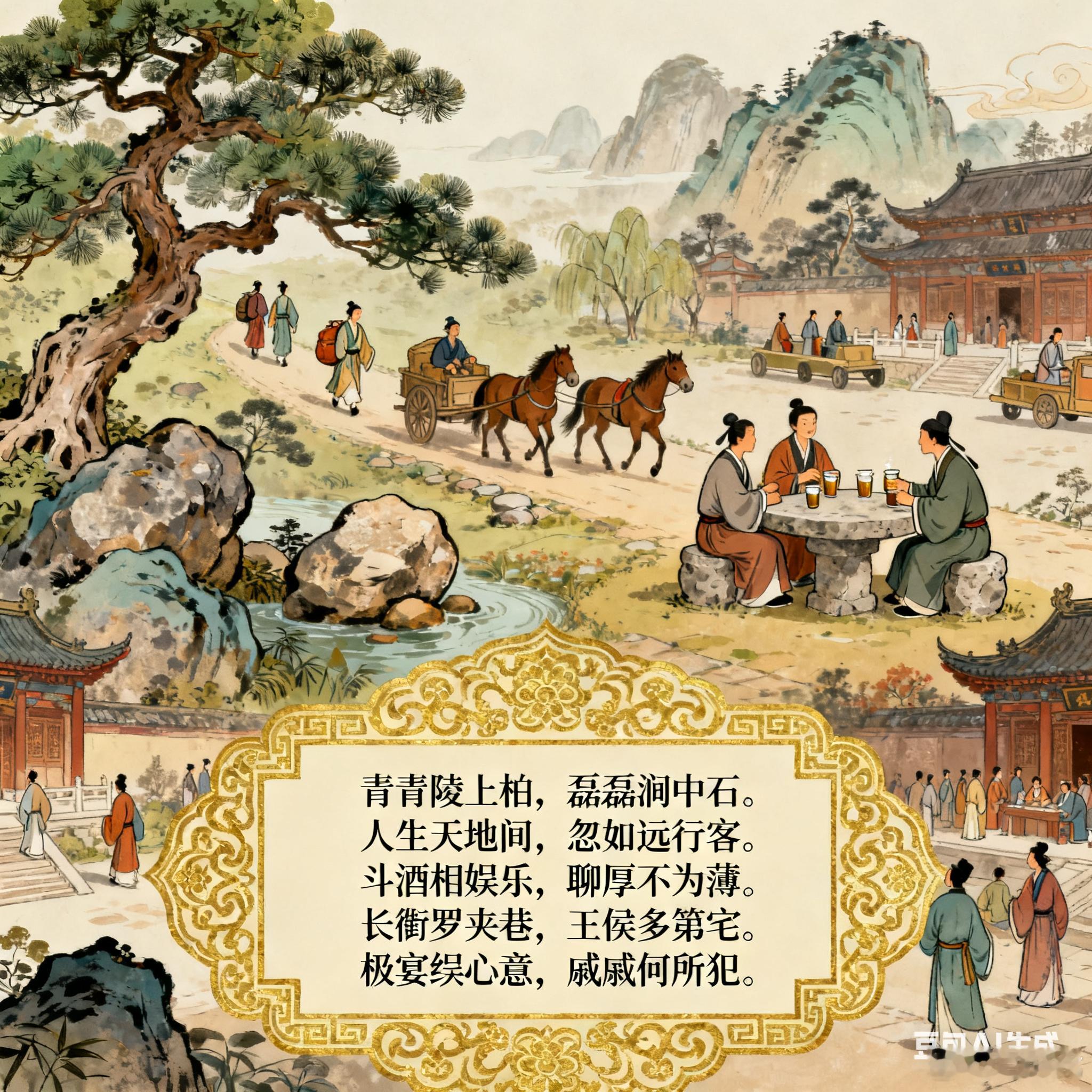 青青陵上柏，磊磊涧中石。人生天地间，忽如远行客。斗酒相娱乐，聊厚不为薄。驱车策驽