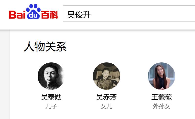 据百度百科记载，王薇薇（Vera Wang）的外祖父吴俊升，系奉系军阀，与张作霖