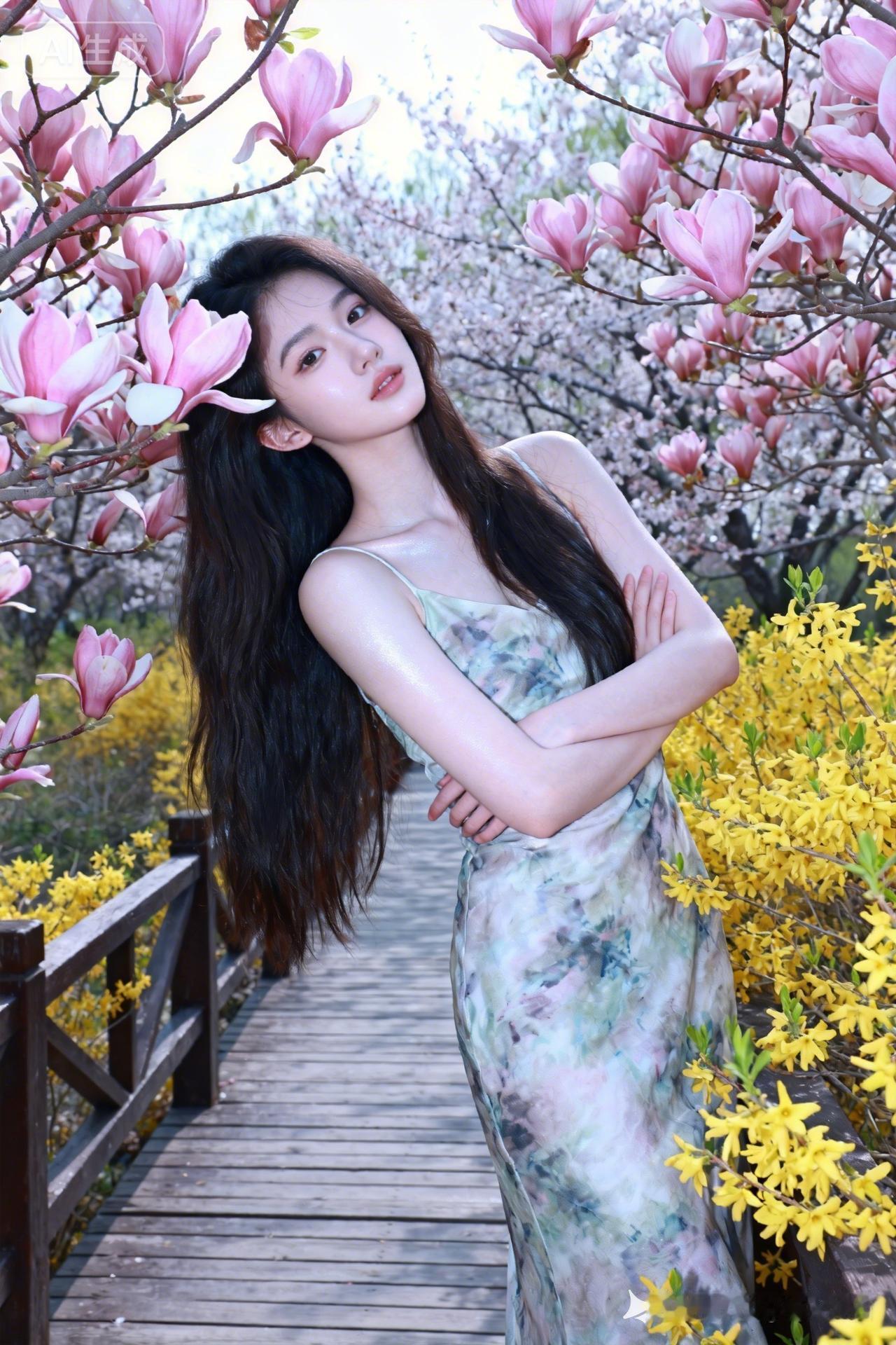 网红写真，自然质感光影，冷白皮细腻透亮带冷白高光。长发自然，着同款服饰，倚靠木质