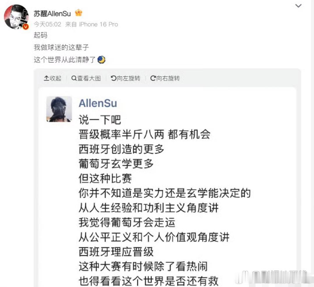 7月7日，苏醒发文谈葡萄牙淘汰，他配文表示：从人生经验和功利主义角度讲，我觉得葡
