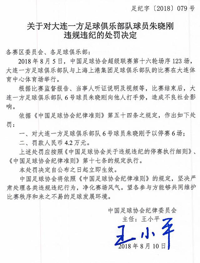前大连一方球员怒批王小平 在个人社媒，前大连一方球员朱晓刚对王小平判决结果发表看