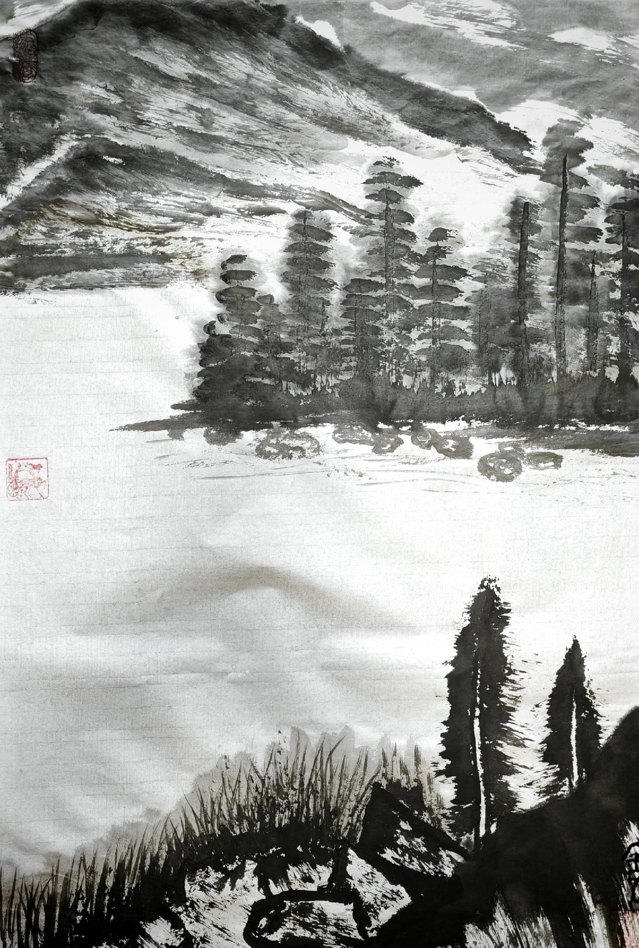 水墨丹青胡乱涂，
黑是山林白是湖，
不求形象求神似，
无还有处有还无。