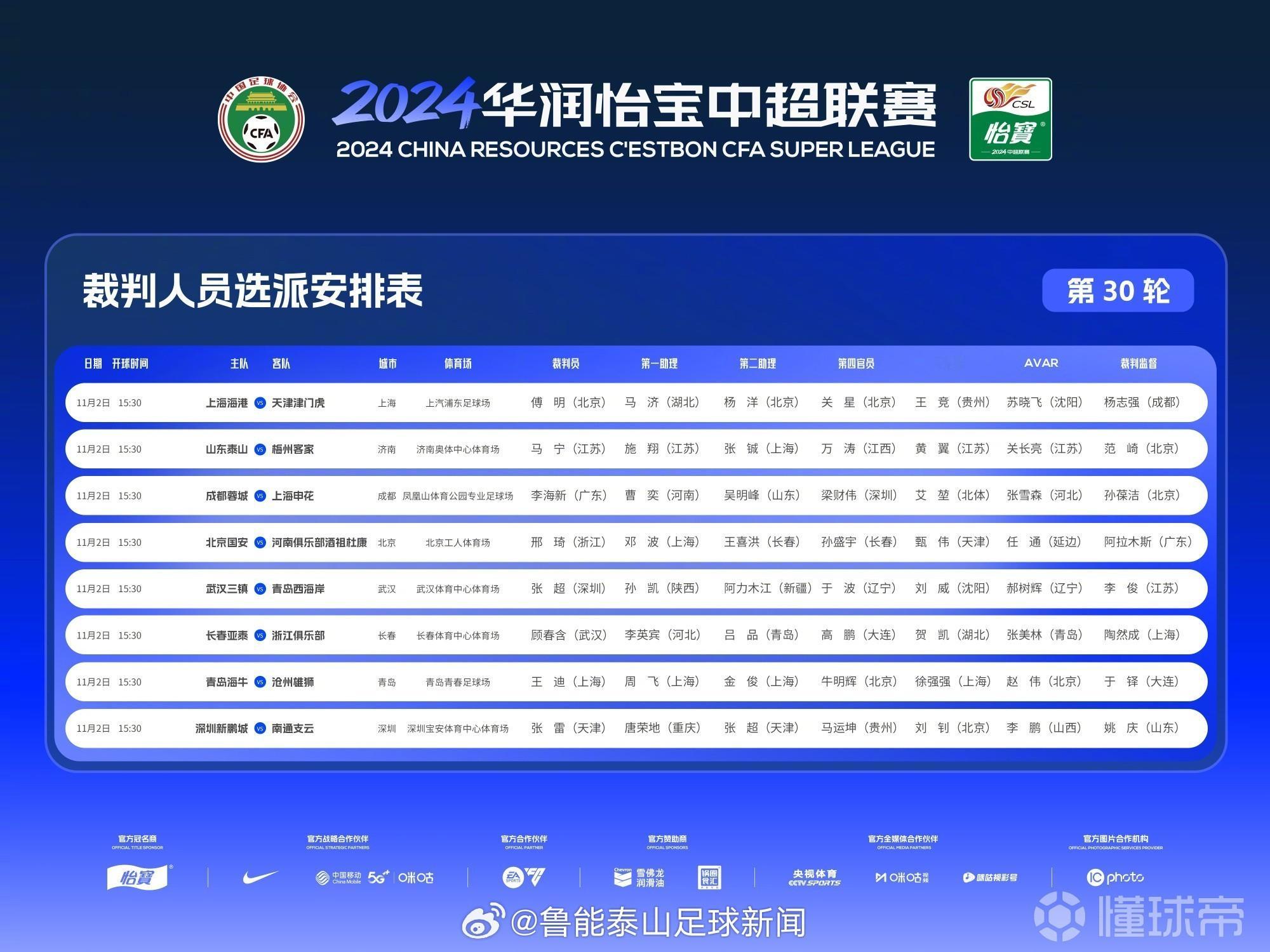 此前，中国足协官方公布了中超第30轮裁判员选派名单，本轮的所有比赛均由国内裁判执