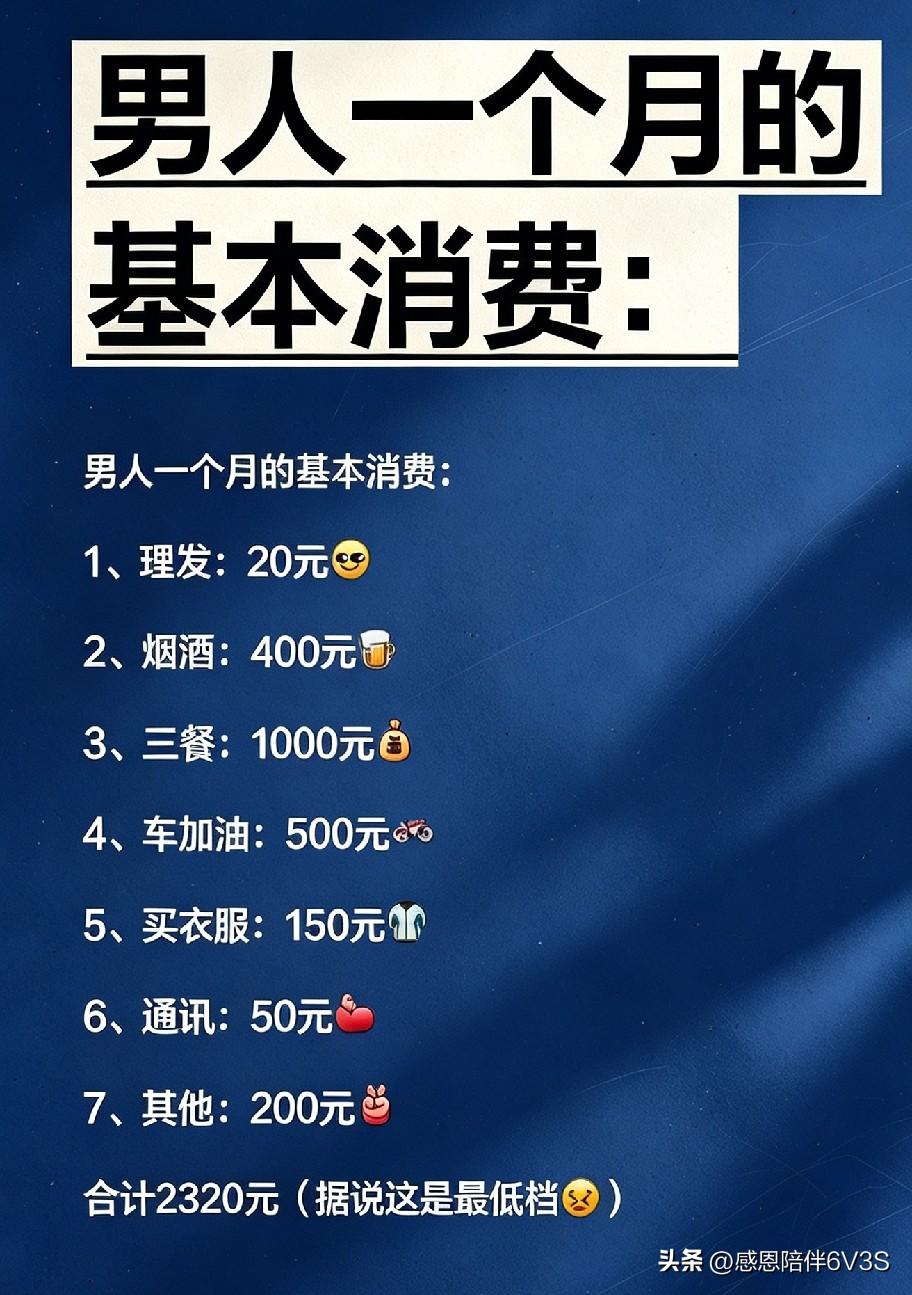 莫说男人花钱少！这2320还是最低开销，房贷房租都还没算，这点钱够不够生活？
生