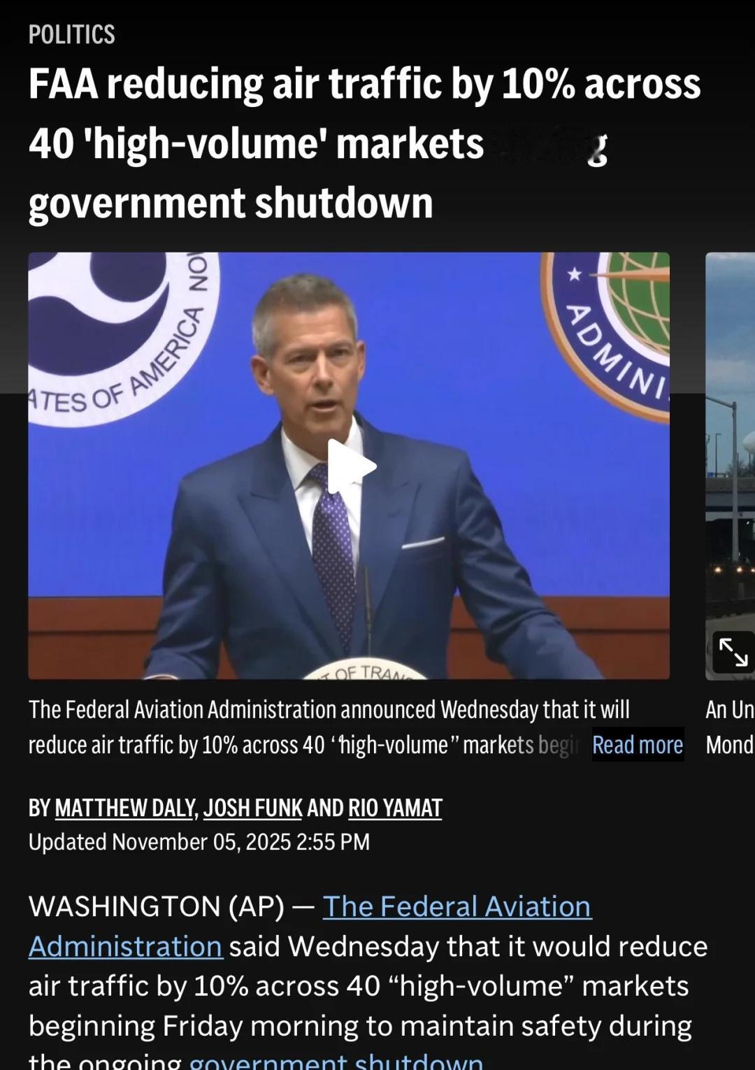 FAA：周五开始减航班
美国联邦空管局FAA宣布，因空管人员不足，自本周五起将减