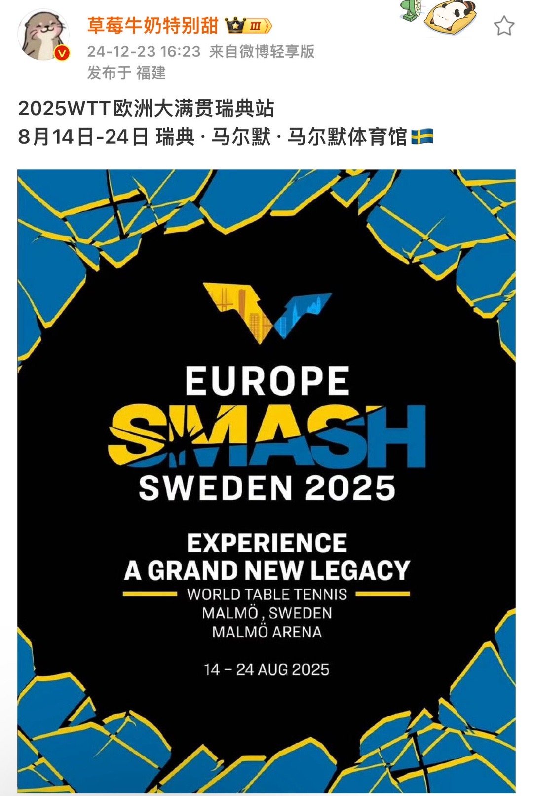 2025WTT大满贯日程全部确定 WTT欧洲大满贯瑞典站🇸🇪随着WTT欧洲大