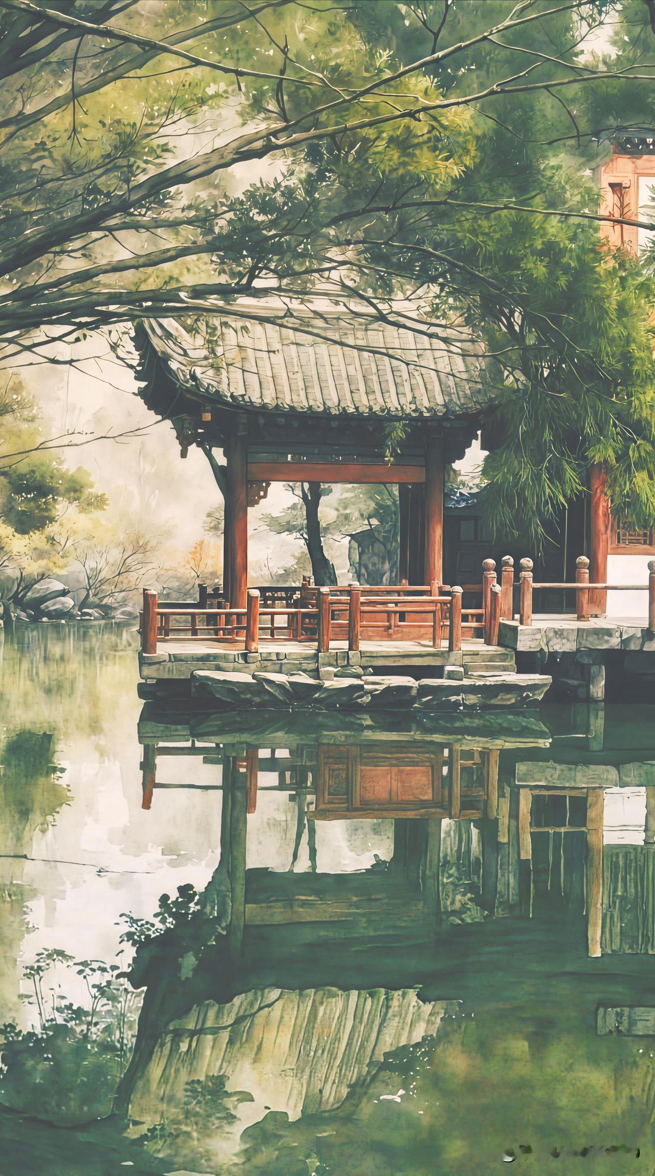 午后，寻得一处静谧之地。一个宁静的亭子稳稳立在湖边，像是时光的守望者。它的轮廓清