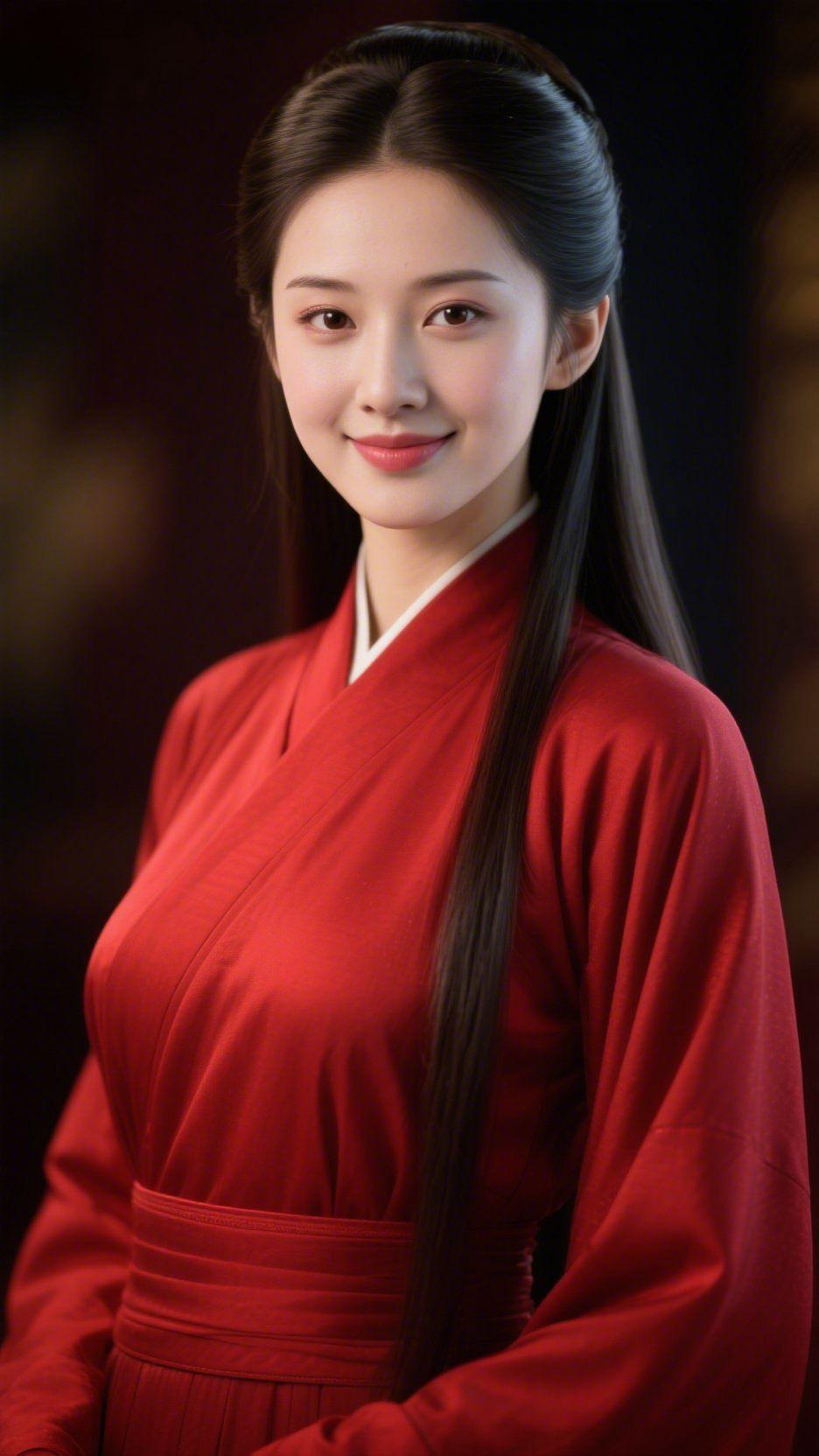 《红衣衔韵，古意凝光》
 
暖光轻覆襟袖时，她立在浅影间，朱红襦裙裹着温雅的淡，