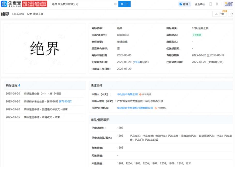 已经拥有五界的华为突然被曝注册了“绝界”商标。企查查APP显示，近日，华为技术有