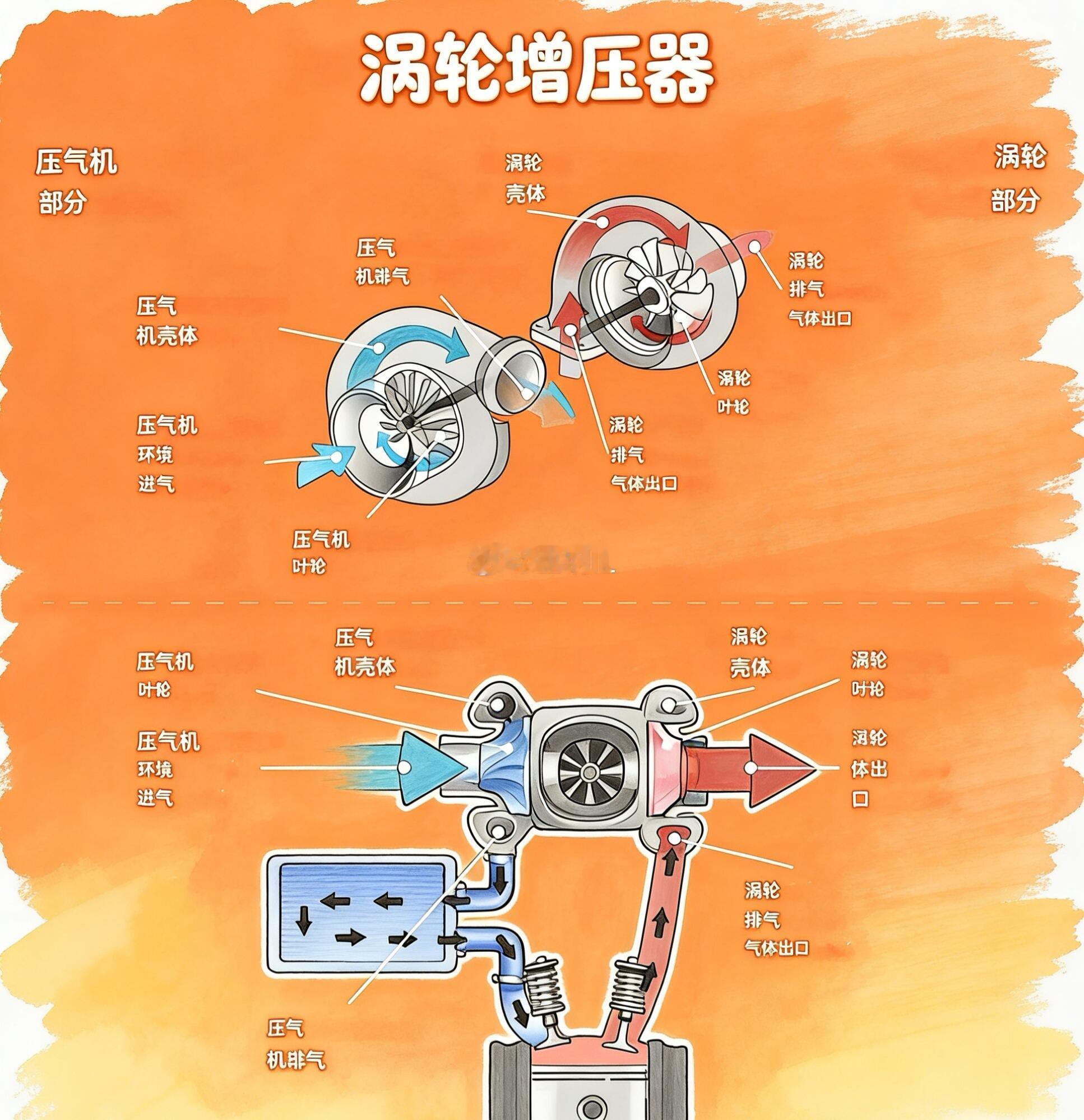 今天直接把涡轮增压器给你扒得明明白白！手绘版超详细图解，小白也能一秒看懂，看完直