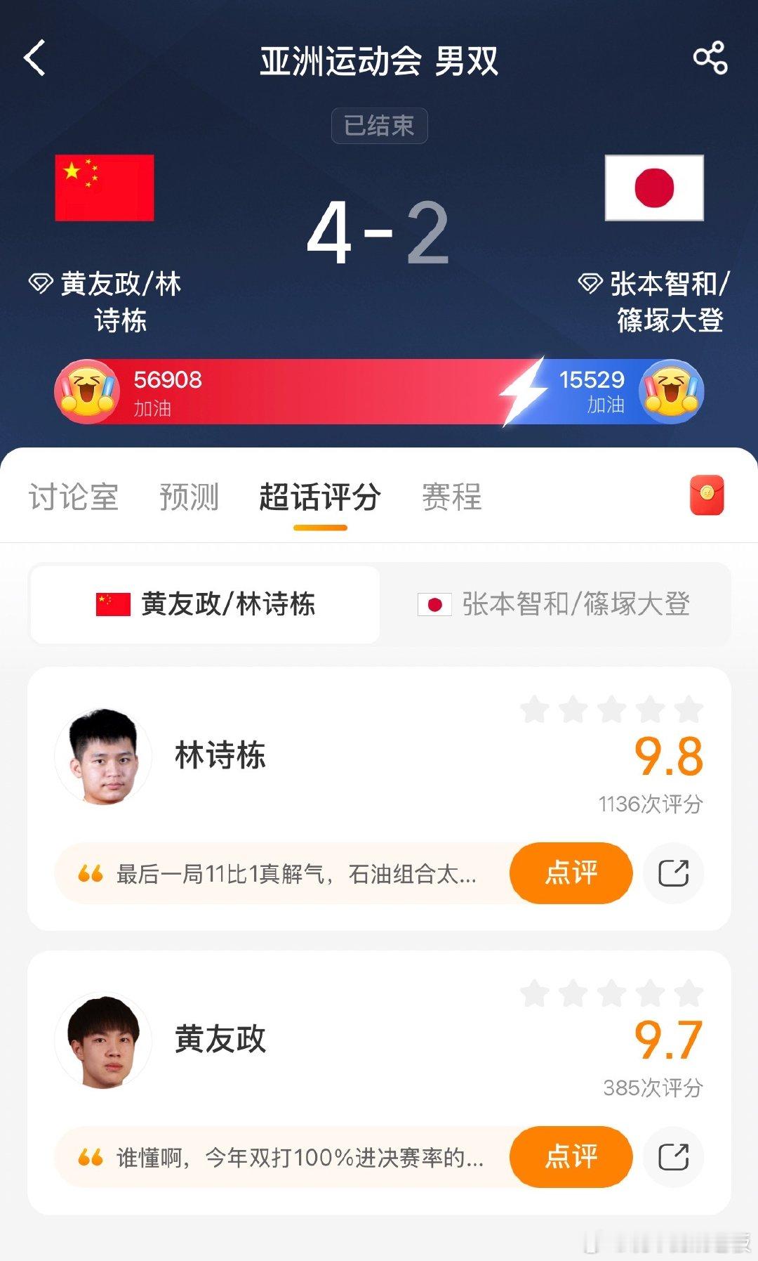 黄友政林诗栋金牌真争气！石油组合（林诗栋/黄友政）大胜张本智和/篠塚大登，决胜局