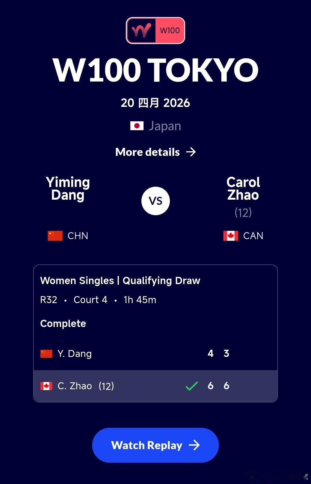 W100东京站🇯🇵资格赛第1轮党一鸣🇨🇳4-6/3-6不敌赵一羽🇨🇦