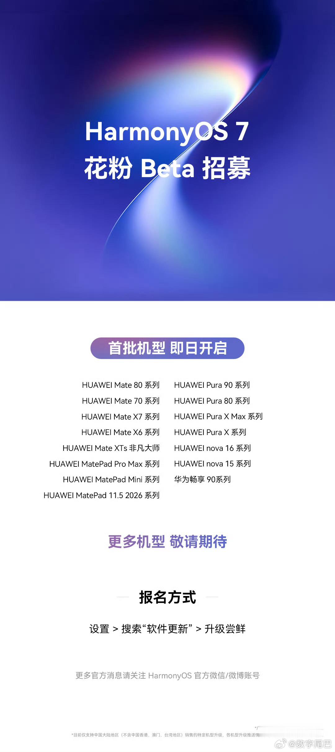 早~鸿蒙7.0.0.100花粉beta版已推送相关机型需要在设置—软件更新—升级