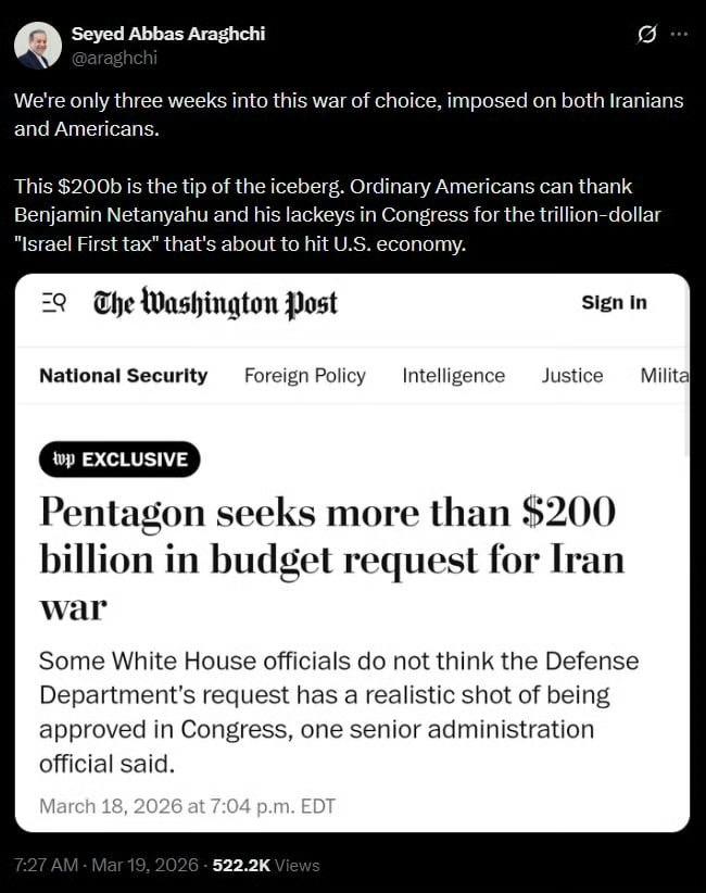 伊朗外交部长阿拉格希：

这场强加于伊朗人和美国人双方的选择性战争，开打才刚三周