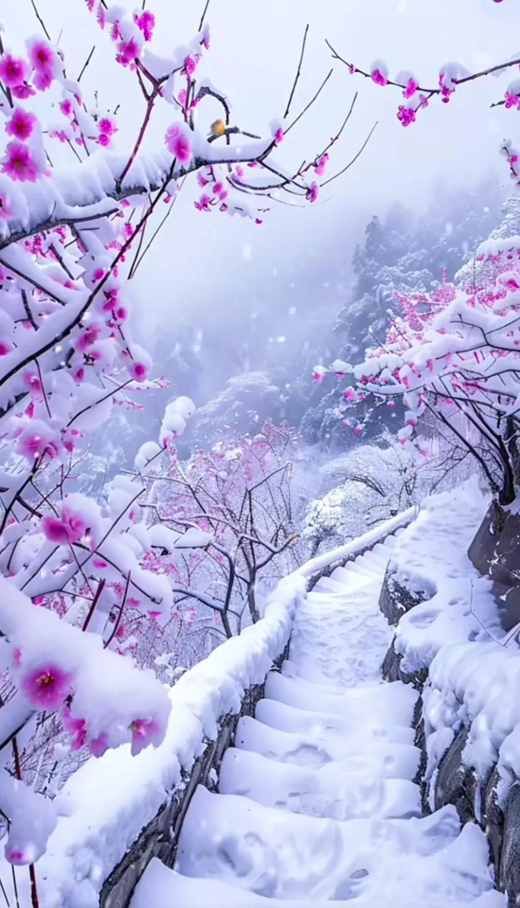 冬日仙境，粉樱与雪的浪漫邂逅。🌸❄️冬雪的风景 花样落雪