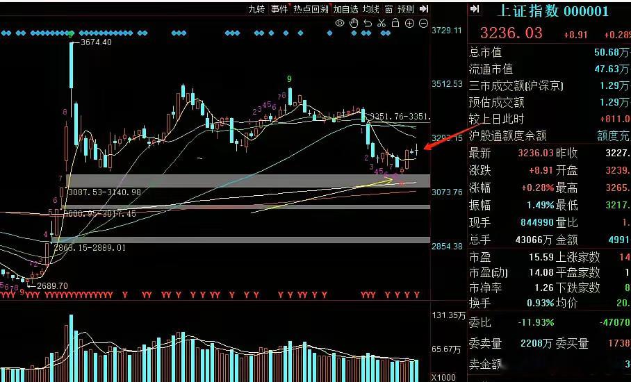 下午放量出来，不过只放量几百亿，但今天指数基本都收了个假阴线，要不是银行板块，保