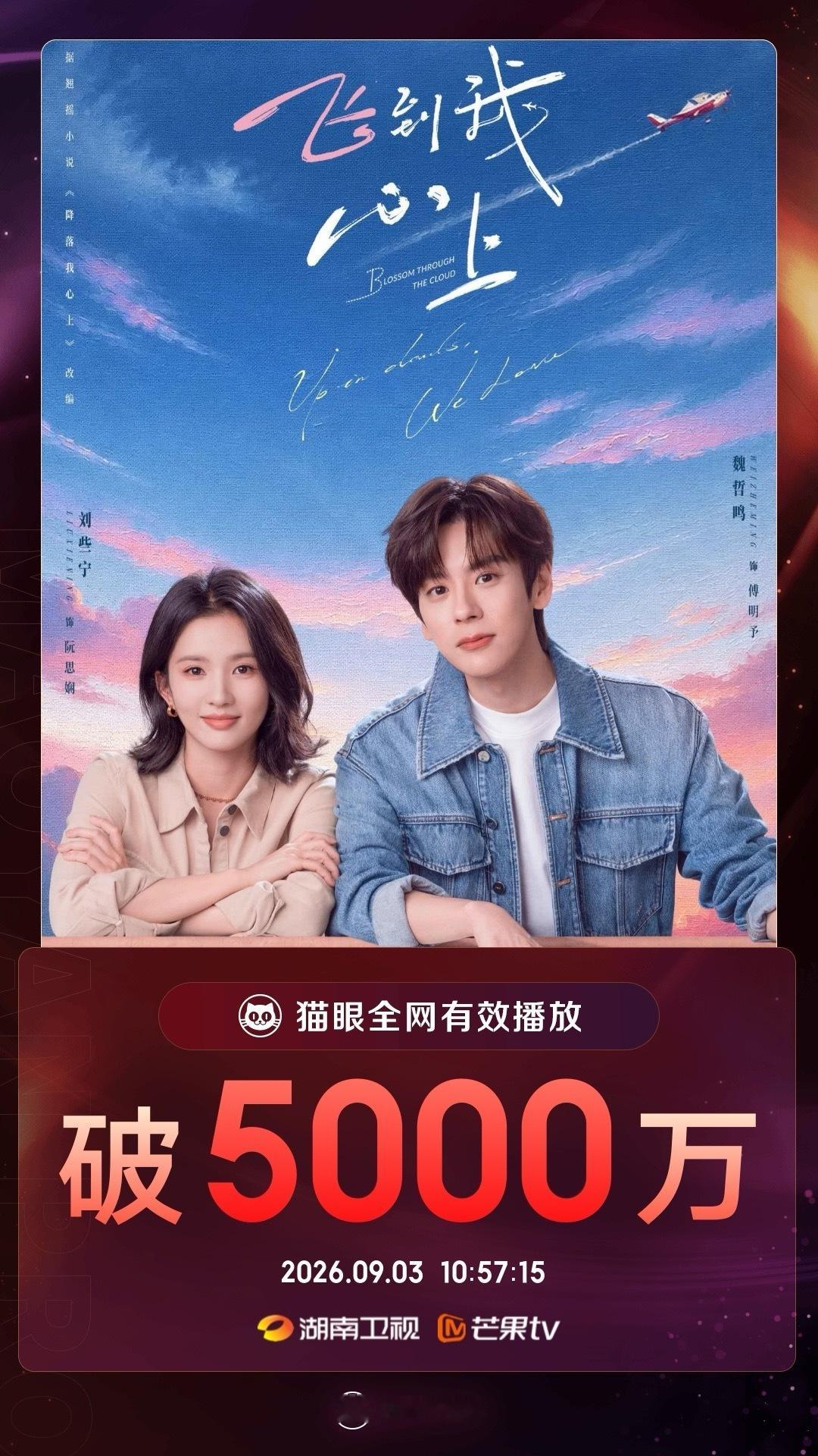 电视剧飞到我心上[超话]飞到我心上有效播放量破5000万  据猫眼专业版数据显示