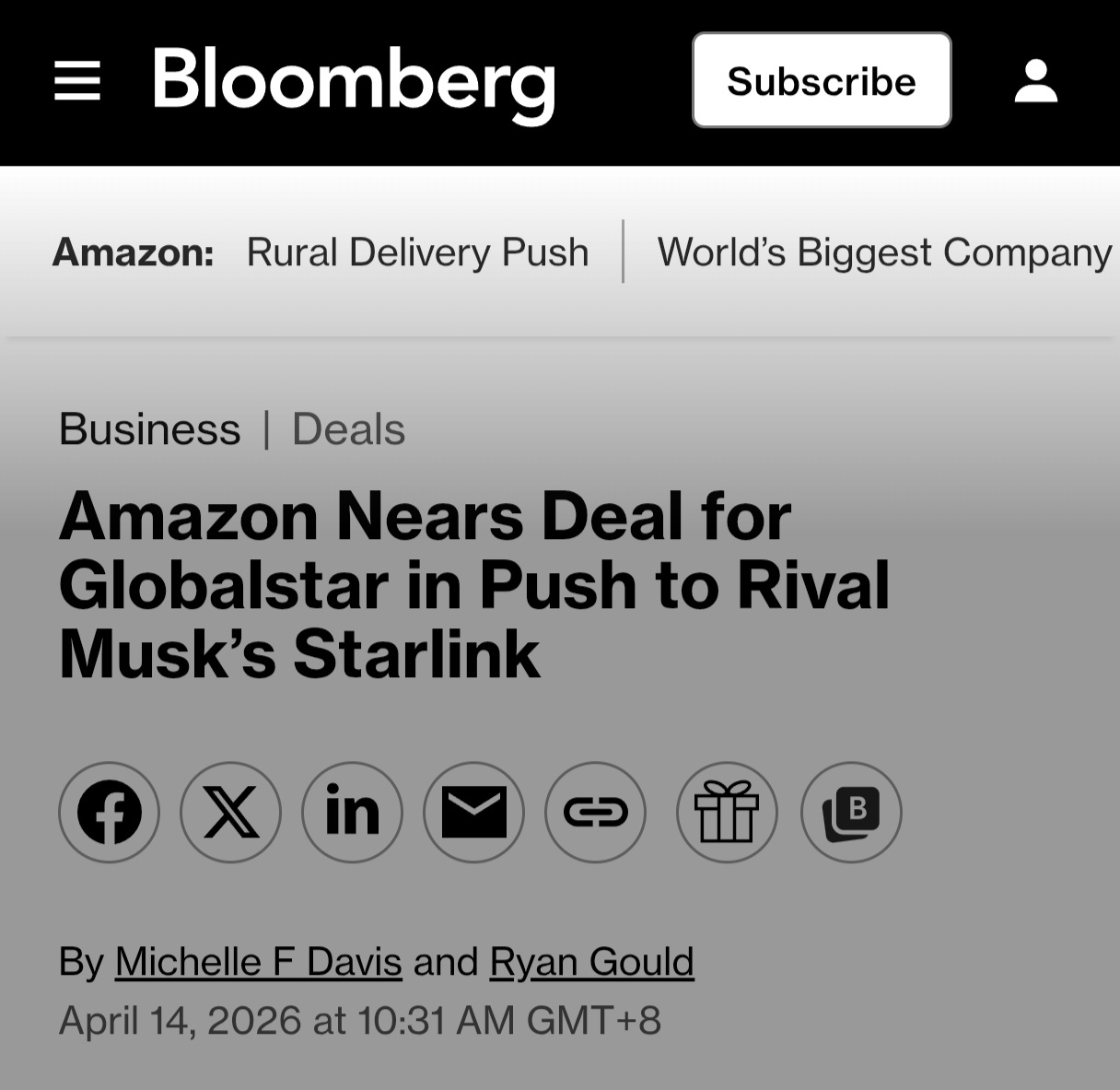 彭博社报道，Amazon接近达成收购Globalstar的交易，以抗衡马斯克的S