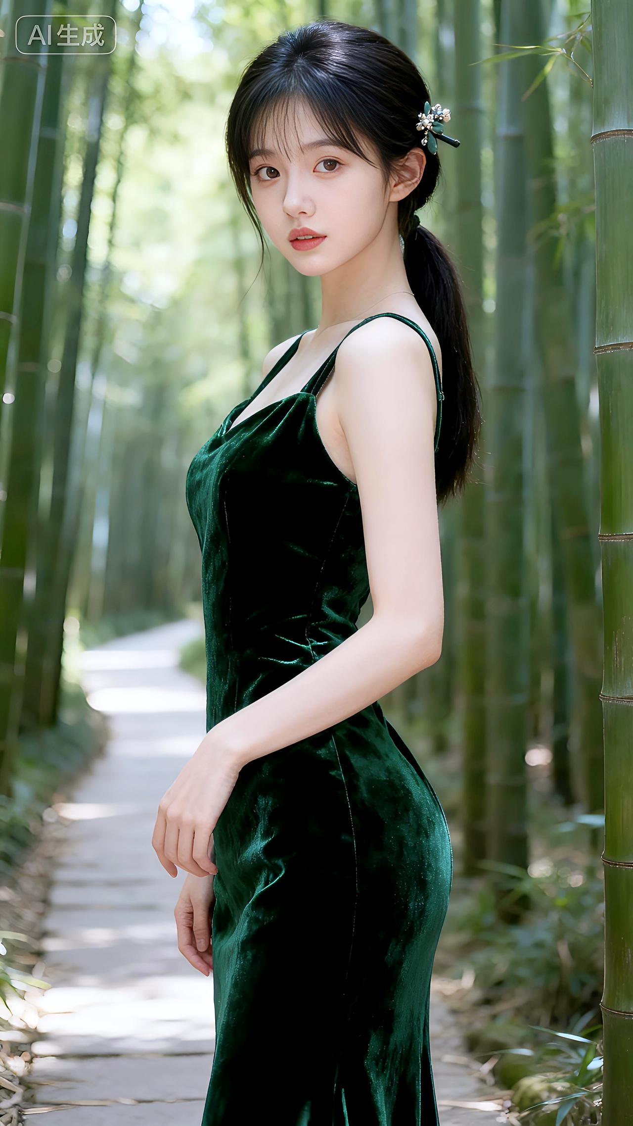 幽静竹林小径深处，墨绿丝绒裙的她静立其中，仿佛从古画中走出的佳人。豆包 壁纸