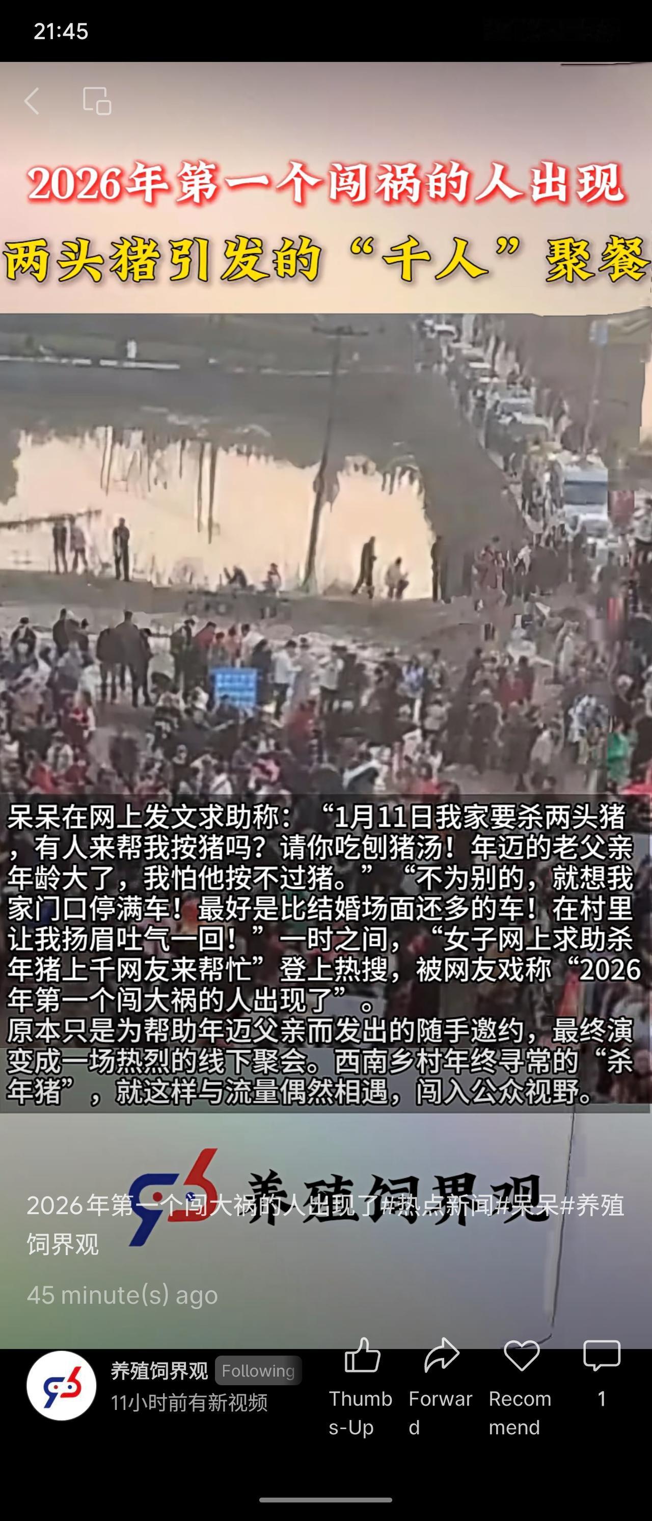 女子为帮年迈父亲杀年猪，在网上发文求助，意外吸引上千网友前来帮忙，演变为一场热烈